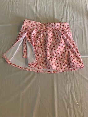 Pink Cherry-Print Circle Skirt with Side Slit